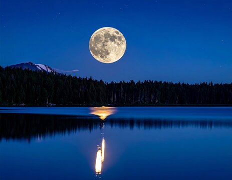 Moon reflecting off lake with trees and starry sky