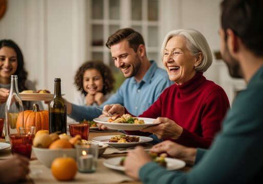 Celebraci&oacute;n de Thanksgiving con una abuela riendo y disfrutando de la cena familiar