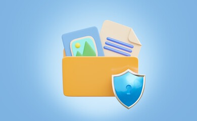 3D rendering of a file folder containing documents and images, protected by a blue shield with a keyhole on a light blue background. Concept of data security, file protection, and cloud storage.