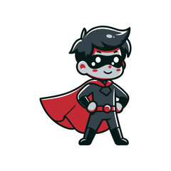 A cheerful young superhero stands confidently with a red cape, showcasing bravery and fun