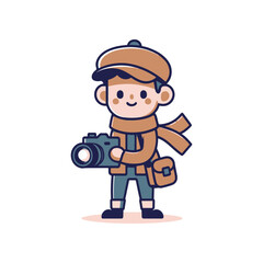A cheerful young photographer in a hat and scarf holding a camera, ready to capture moments