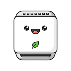Cute cartoon air purifier with a smiling face and a leaf logo, symbolizing clean air and eco-friendliness