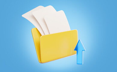 3D rendering of a yellow file folder with white documents and a blue upload arrow on a light blue background. Represents file transfer, data management, cloud storage, and digital archives.