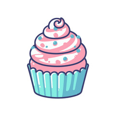 A colorful cupcake topped with swirls of frosting and sprinkles, set against a simple background