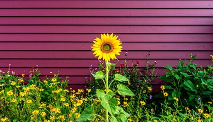 Sunflower blooms brightly against a red wooden wall
