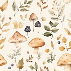 Seamless watercolor pattern with mushrooms, acorns, berries and leaves on beige background. Soft brown and olive tones for cozy wrapping paper and textile print. 