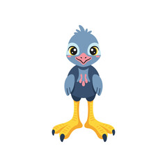 Obraz premium A cheerful cartoon bird character with bright eyes and colorful feathers, standing on yellow feet, set against a plain white background, ideal for children's illustrations or playful designs