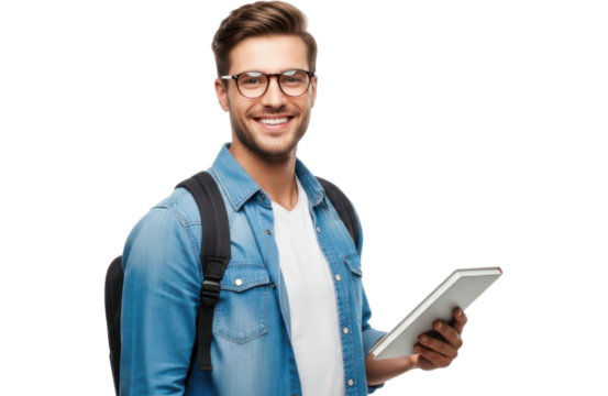 A smiling young man with glasses and a backpack, wearing a denim shirt, holding a tablet and looking at the camera, isolated on transparent background, representing student life or modern technology - Powered by Adobe