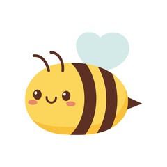 Cute cartoon bee with a heart-shaped wing, flying happily against a plain white background