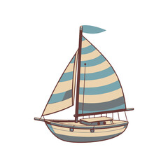 A colorful sailboat with striped sails gliding across calm waters under a clear sky