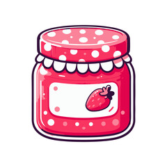 A colorful strawberry jam jar with a polka-dotted lid, set against a simple white background