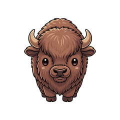 Cute cartoon bison character with fluffy fur and prominent horns, set against a simple background