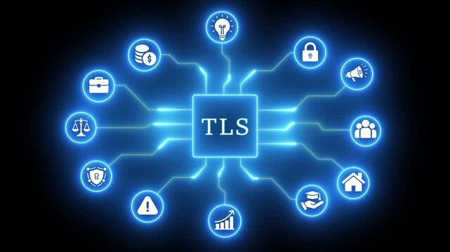 TLS security concept with interconnected icons and glowing blue lines on black background encryption
