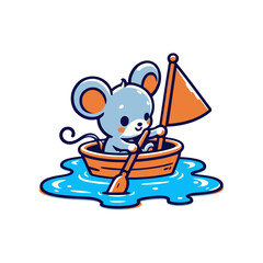 A cute cartoon mouse rowing a small boat on a bright blue water surface with a flag
