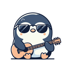A cute cartoon penguin wearing sunglasses plays a guitar, set against a simple white background