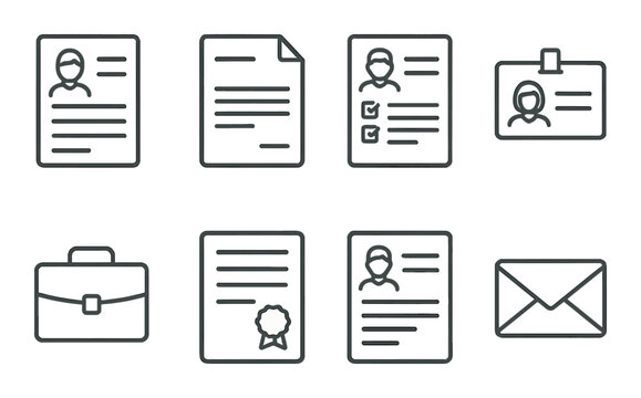 Gray professional icons: documents, profiles, briefcase, envelope