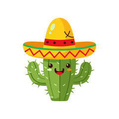 Cute cartoon cactus wearing a colorful sombrero, smiling cheerfully against a white background