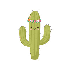 Cute cartoon cactus wearing a floral crown, smiling cheerfully against a plain white background