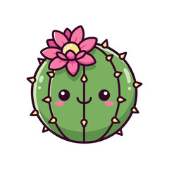 Cute cartoon cactus with a pink flower, smiling happily against a white background, ideal for children's decor