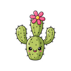 Cute cartoon cactus with a pink flower, smiling, set against a white background, ideal for children's decor