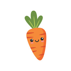 Cute cartoon carrot character with a smiling face and green leaves on a white background