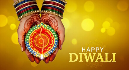 Indian woman's hand holding colorful Diya oil lamp for celebration, Happy Diwali Greeting card with 'HAPPY DIWALI' text for Festival Diwali or Deepawali, festival of light, top view,