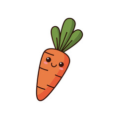 Cute cartoon carrot character with smiling face and green leaves on a white background
