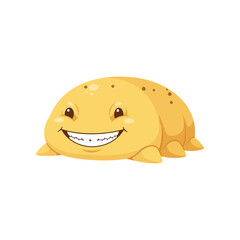 Cute cartoon creature with a big smile, showcasing a playful and friendly demeanor, isolated