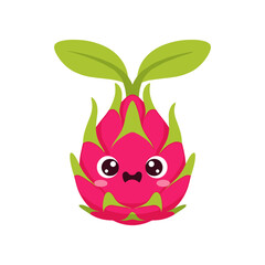 Cute cartoon dragon fruit character with large eyes and green leaves, isolated on white background