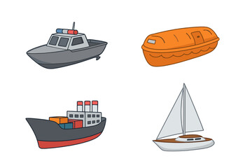 Water transport cartoon icon set. Police boat, lifeboat, cargo ship, sailboat vector collection. Marine patrol, emergency rescue, freight shipping, yachting illustration.