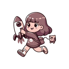 A playful child in a cozy sweater joyfully launching a cartoon rocket, with a cute toy in tow