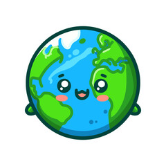 Cute cartoon Earth character with smiling face, showcasing continents and ocean, ideal for educational content