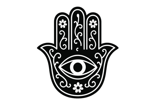 Hamsa Hand of Fatima, Hand of Miriam vector icon. Jewish, Islamic spiritual symbol. Amulet for protection against the evil eye. Ornate, decorative black and white illustration.
