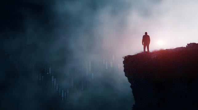 A solitary businessman stands on the edge of a cliff overlooking a foggy abyss with financial market data under dramatic lighting - Powered by Adobe