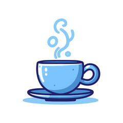 A steaming blue cup of coffee sits on a matching saucer, evoking warmth and comfort