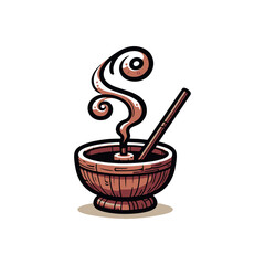 A steaming bowl of soup with chopsticks, set against a minimalist background, evoking warmth