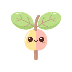 Cute cartoon fruit character with smiling face and leaves on a white background, ideal for children's media