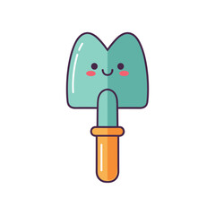 Cute cartoon garden shovel with a smiling face, set against a plain white background