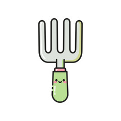 Cute cartoon garden fork character with a smiling face, set against a white background