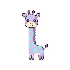 Cute cartoon giraffe with polka dots standing upright, smiling against a plain background