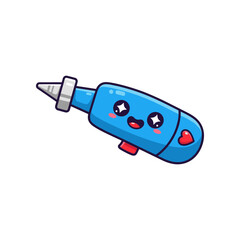 Cute cartoon glue gun character with sparkling eyes, heart details, set against a simple white background