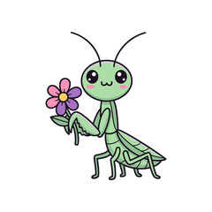 Cute cartoon grasshopper holding a colorful flower, set against a simple white background