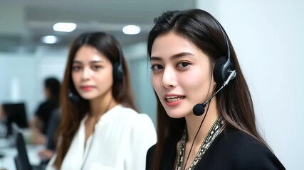 Two young Asian women working as call center operators, wearing headsets and smiling, customer service and business communication concept Asian women call - Powered by Adobe