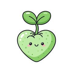 Cute cartoon heart-shaped plant with a smiling face and green leaves, symbolizing love and growth