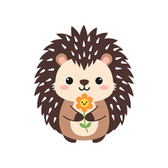 Cute cartoon hedgehog holding a cheerful flower against a simple white background
