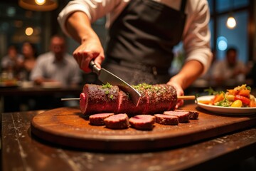 A chef is carving juicy slices from a large skewer of sizzling picanha beef. The setting is a vibrant Brazilian churrascaria with happy guests at their tables
