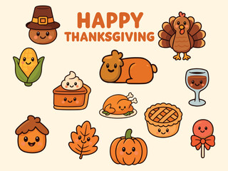 A cheerful kawaii-style Thanksgiving illustration featuring cute smiling foods, fall elements, and festive icons like a turkey, pumpkin pie, and corn.