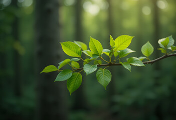 Young branch with fresh green leaves in blurred forest background