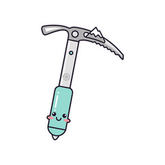 Cute cartoon ice axe character with smiling face, set against a snowy mountain backdrop