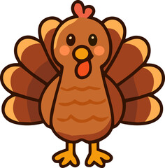 A cute kawaii-style turkey with a cheerful face and colorful feathers, perfect for Thanksgiving and autumn-themed designs.